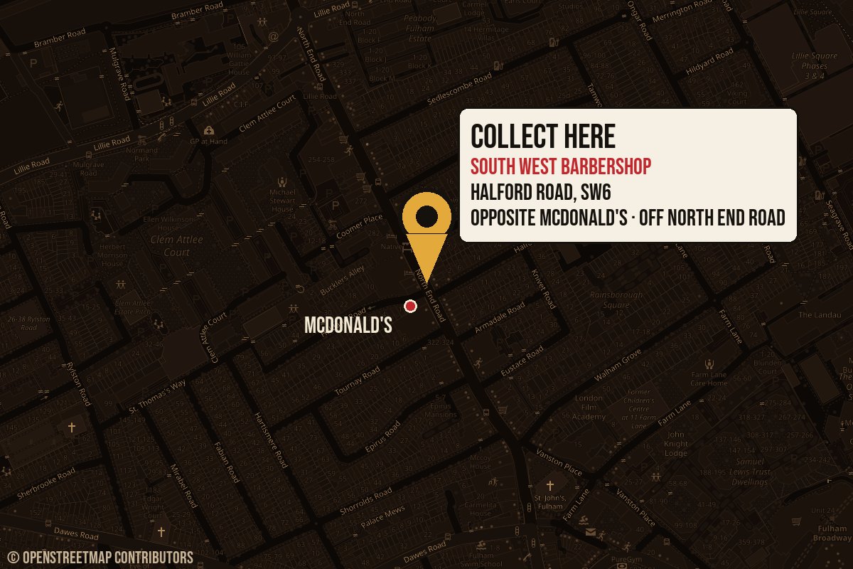 Map: collection point at South West Barbershop, Halford Road, SW6, opposite McDonald's, off North End Road